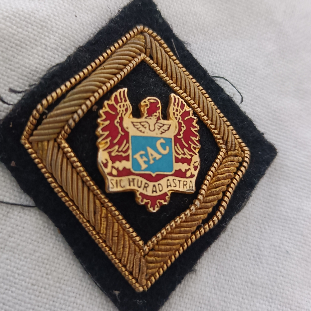 Vintage Shield Crest Pin with Gold Embroidery - FAC, Red & Blue